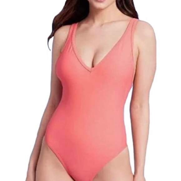 Kona Sol Women's Plus Size V-Neck Over The Shoulder High Leg One Piece Swimsuit - Picture 1 of 5
